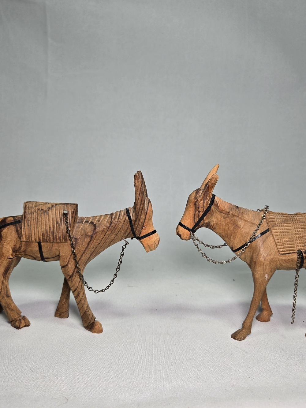 Hand Carved Donkeys with Chain Reign Olive Wood Global Folk Art Rustic Farm